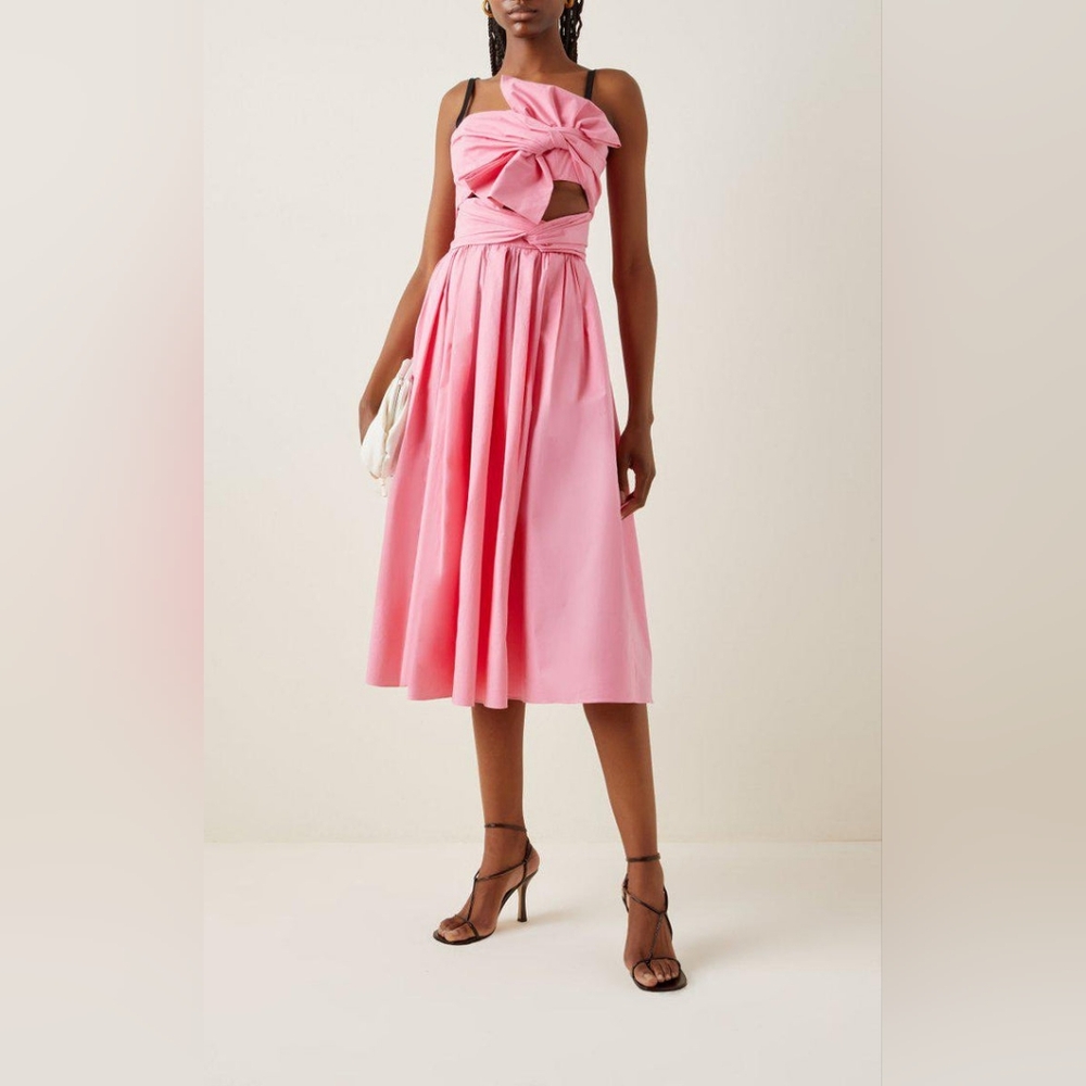 ^□$2,725 NEW CAROLINA HERRERA CANDY PINK BOW COTTON MIDI DRESS 14